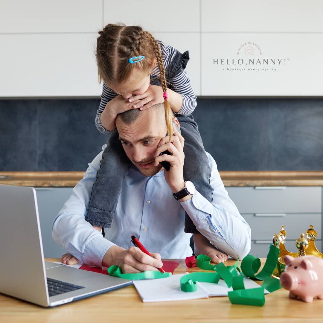 Having a nanny when you work from home: dad working from home looking stressed