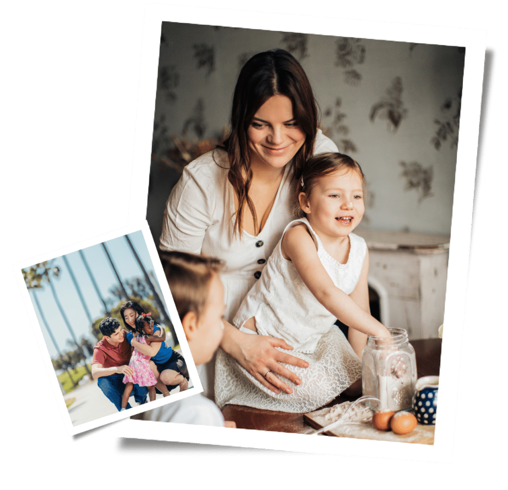 Two-photo collage: Woman and girl baking; family enjoying time outdoors with a small child, highlighting the joy and care that a San Francisco nanny agency can bring to your family's everyday moments.