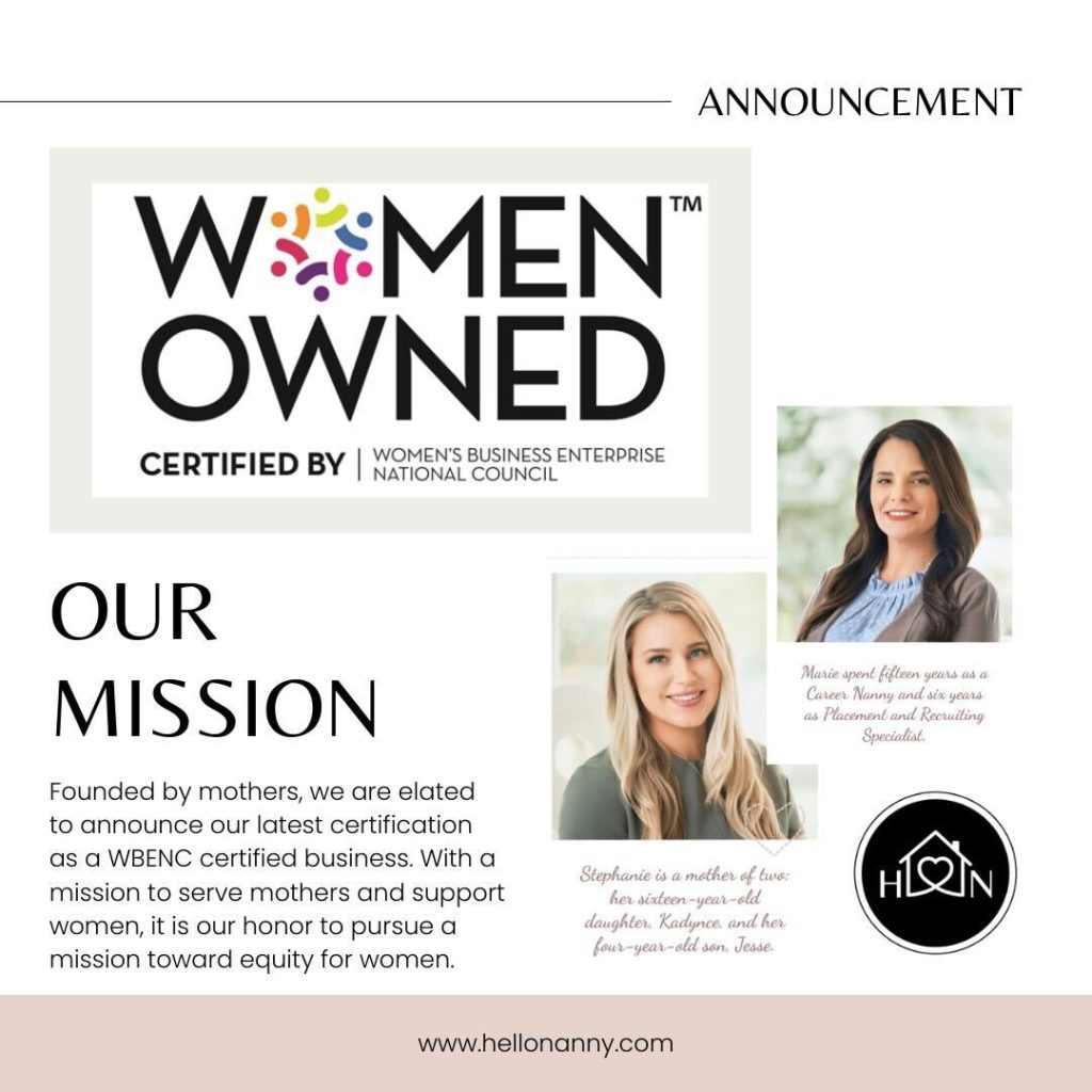 Women-owned announcement by hellonanny.co, featuring two women's portraits and their mission statement. Hello Nanny achieves WBENC certification, proudly supporting female entrepreneurs.