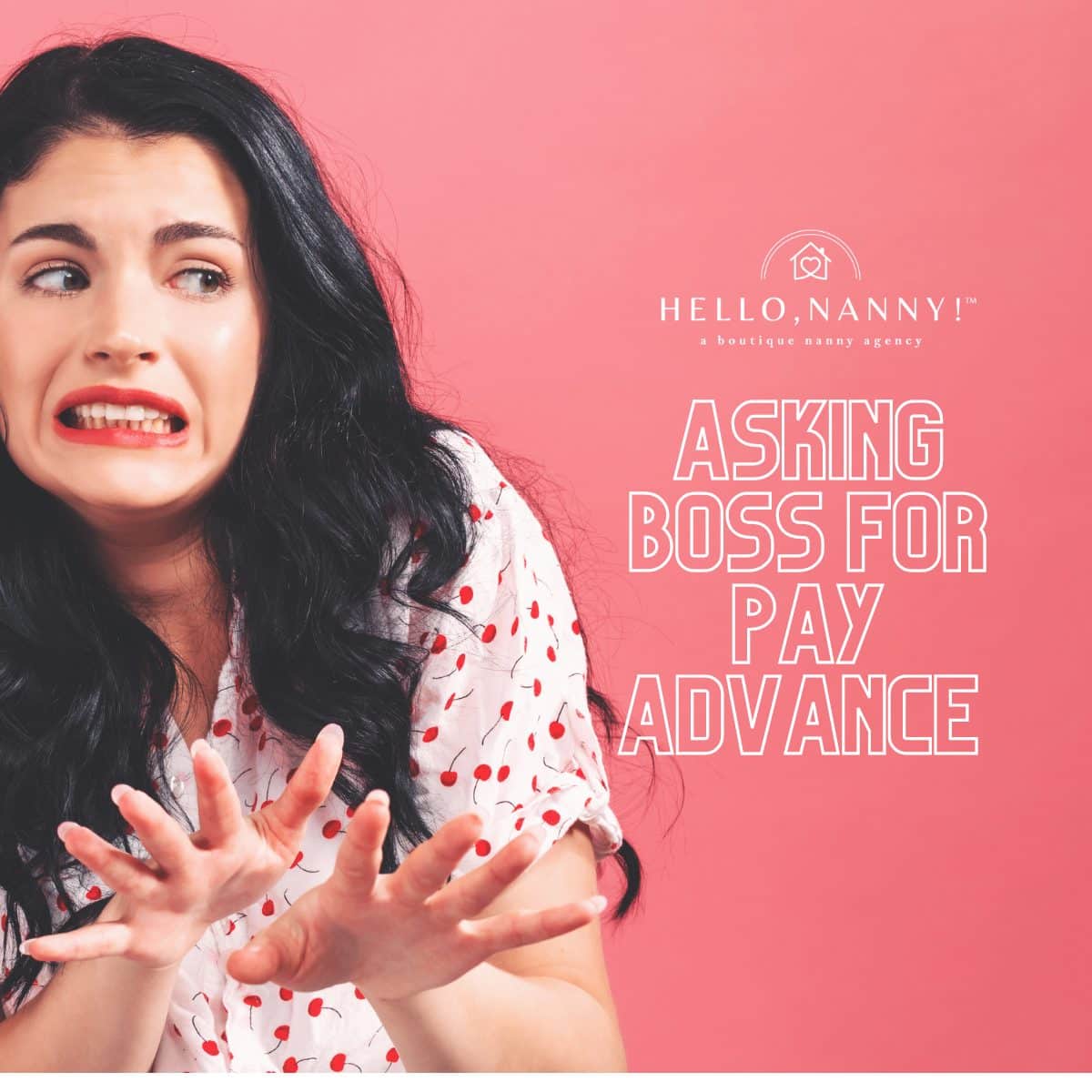 A worried woman with dark hair looks apprehensive. Text reads: "Asking Boss for Pay Advance: Striving for Financial Security.