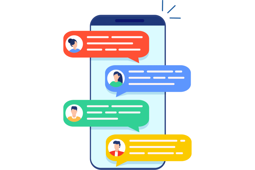 Smartphone displaying colorful chat bubbles with avatars, indicating a lively conversation.