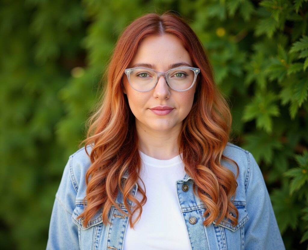 Woman with long red hair and glasses wearing a denim jacket, standing in front of green foliage.