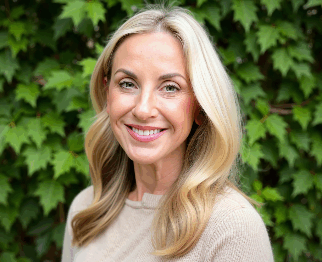 Smiling woman with long blonde hair standing in front of green leafy background, wearing a beige sweater.